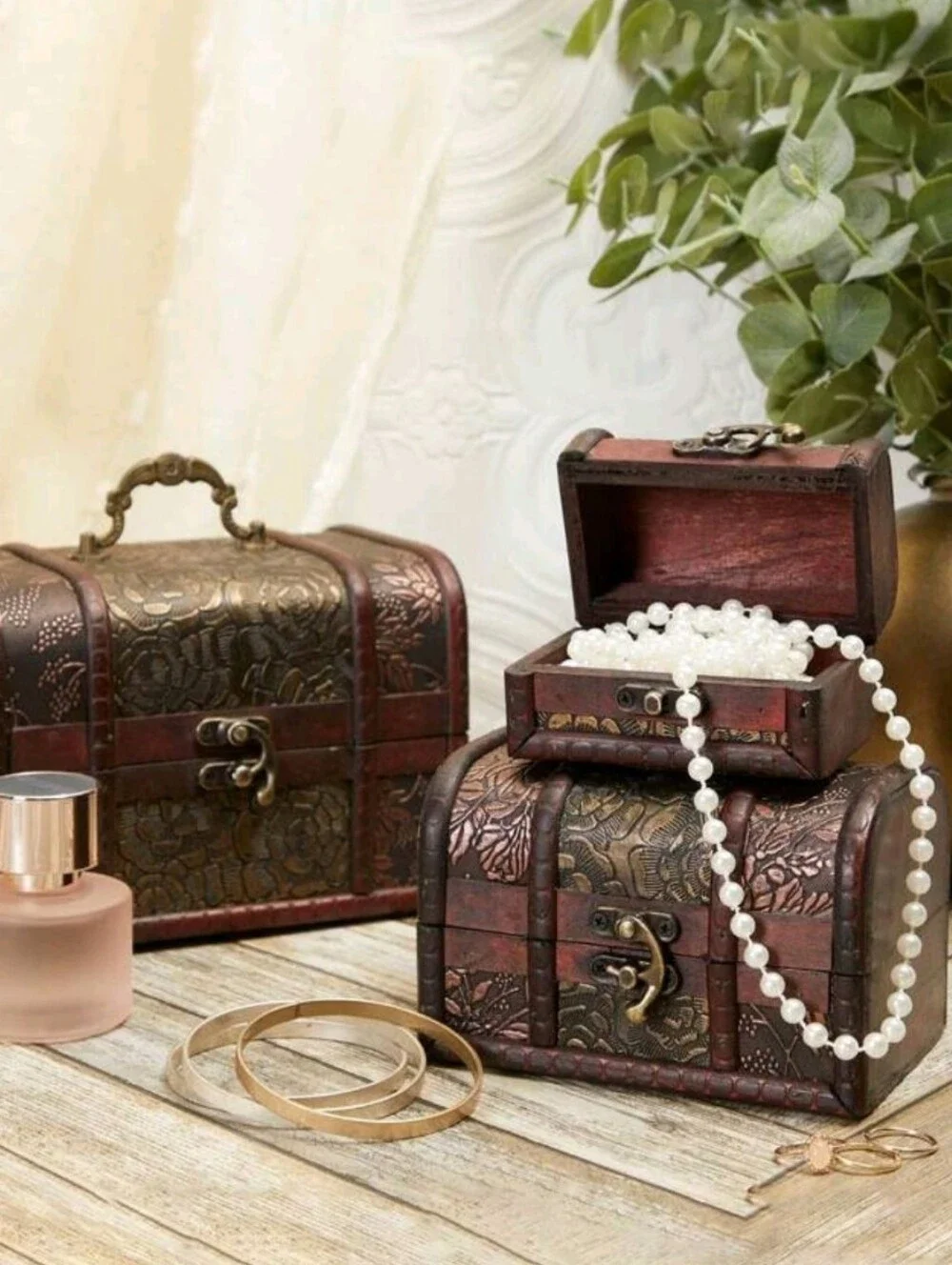 Vintage-Style Decorative Treasure Chest Set - Brown & Gold 3pcs